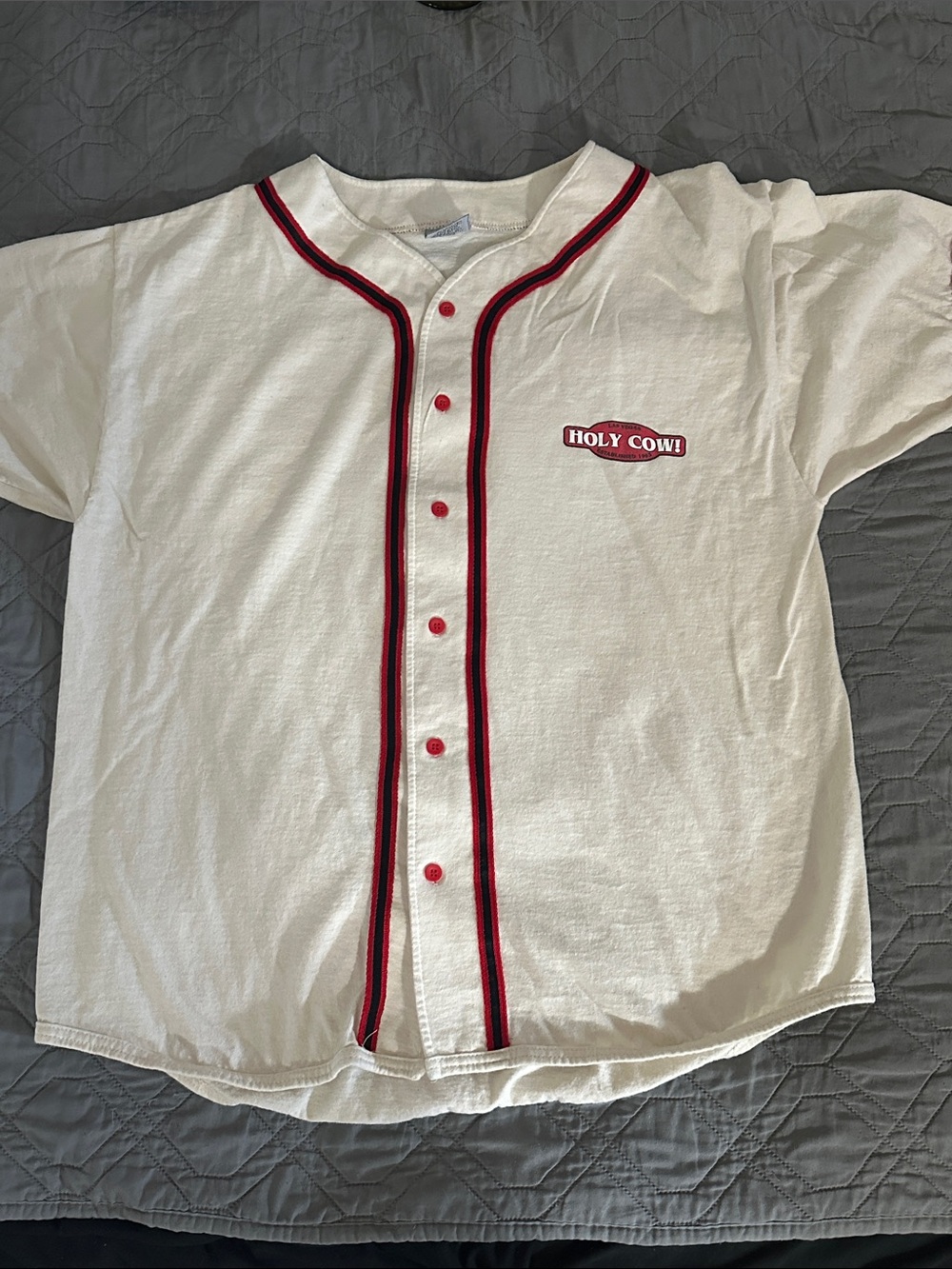 Holy Cow Vintage White & Red Baseball-Style Jersey Shirt